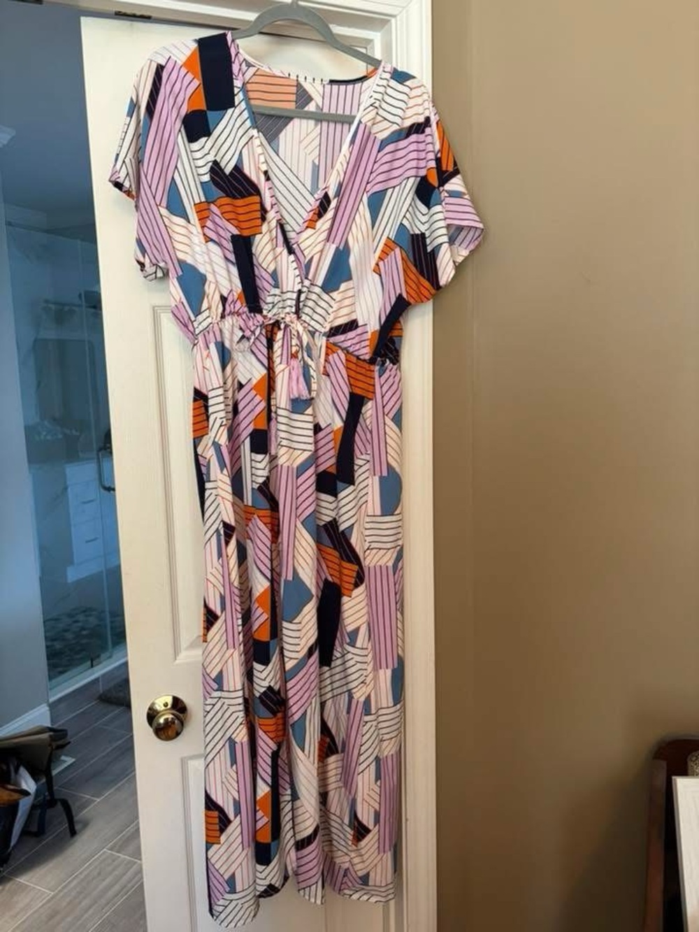 Geometric Print V-Neck Maxi Dress in Pink and Blue